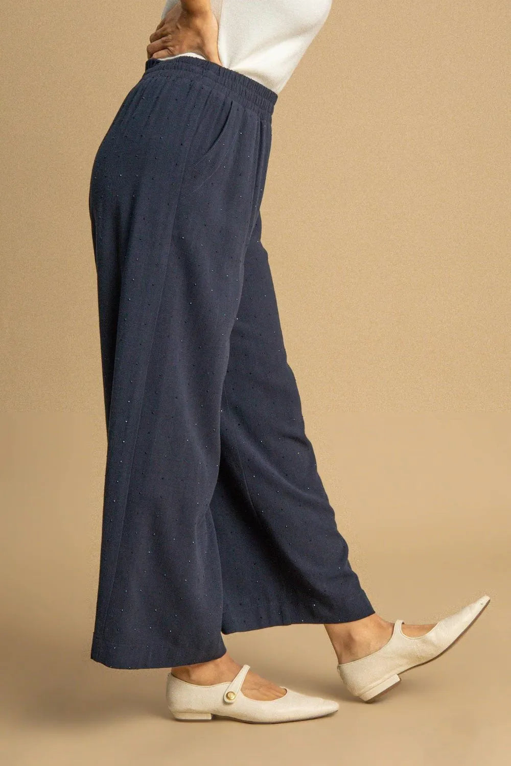 Navy blue Umgee high-waisted wide-leg linen pants with dots and elastic waist