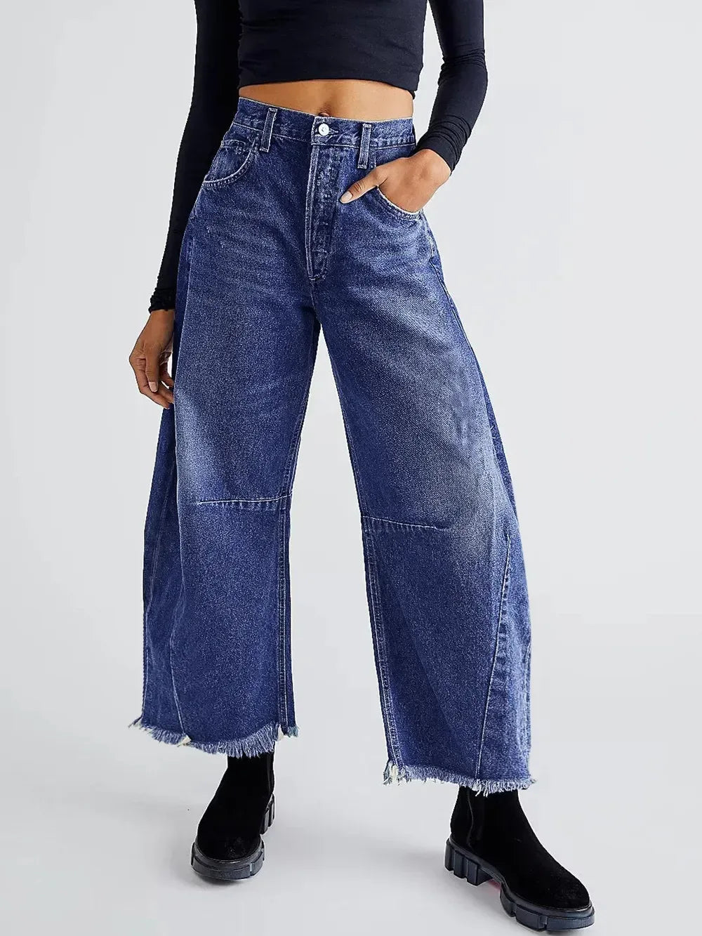 Raw Hem Wide Leg Jeans with Pockets - DAVERRI FASHIONS