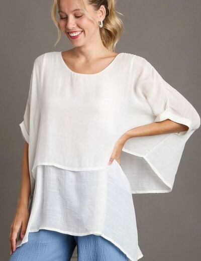 Umgee Cuffed Half Sleeve Layered Blouse White Blouses