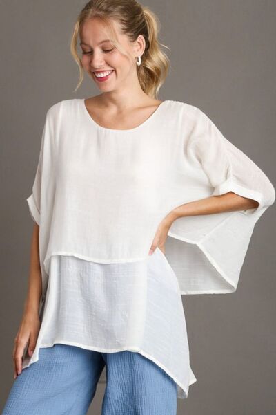 Umgee Cuffed Half Sleeve Layered Blouse White Blouses