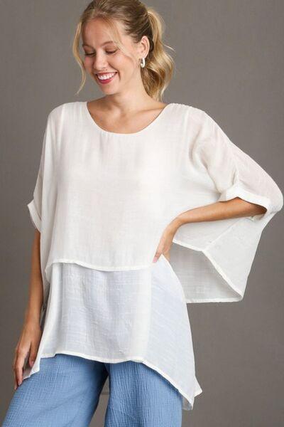 Umgee Cuffed Half Sleeve Layered Blouse White S Blouses