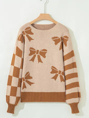 Ribbon Bow Checkered Striped Sleeve Drop Shoulder Sweater | Sweaters Daverri Fashions