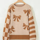 Ribbon Bow Checkered Striped Sleeve Drop Shoulder Sweater - DAVERRI FASHIONS