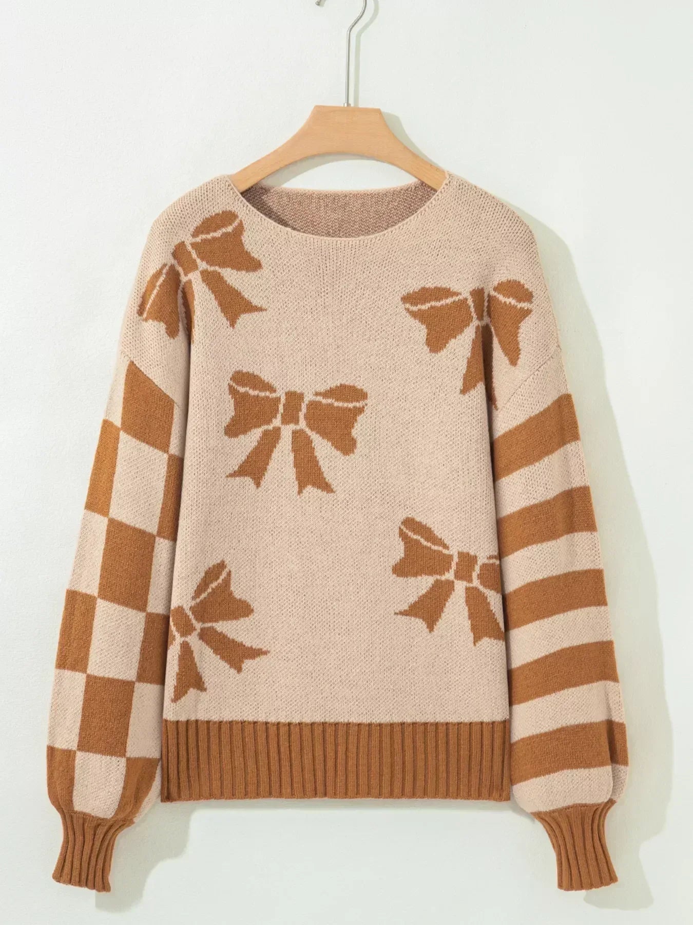 Ribbon Bow Checkered Striped Sleeve Drop Shoulder Sweater - DAVERRI FASHIONS