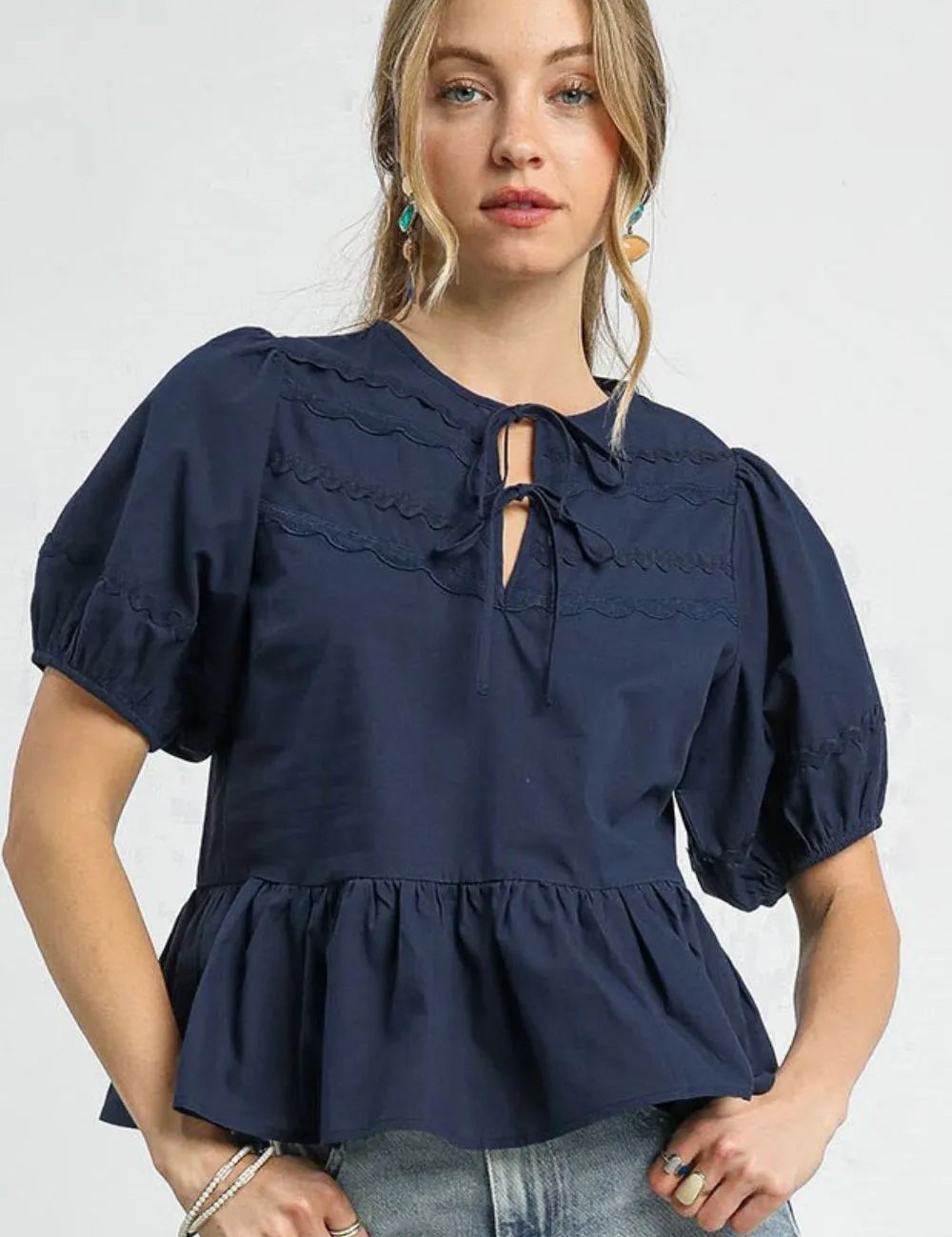 Dark Navy Umgee Tie Front Puff Sleeve Blouse | Daverri Fashions