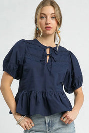 Dark Navy Umgee Tie Front Puff Sleeve Blouse | Daverri Fashions