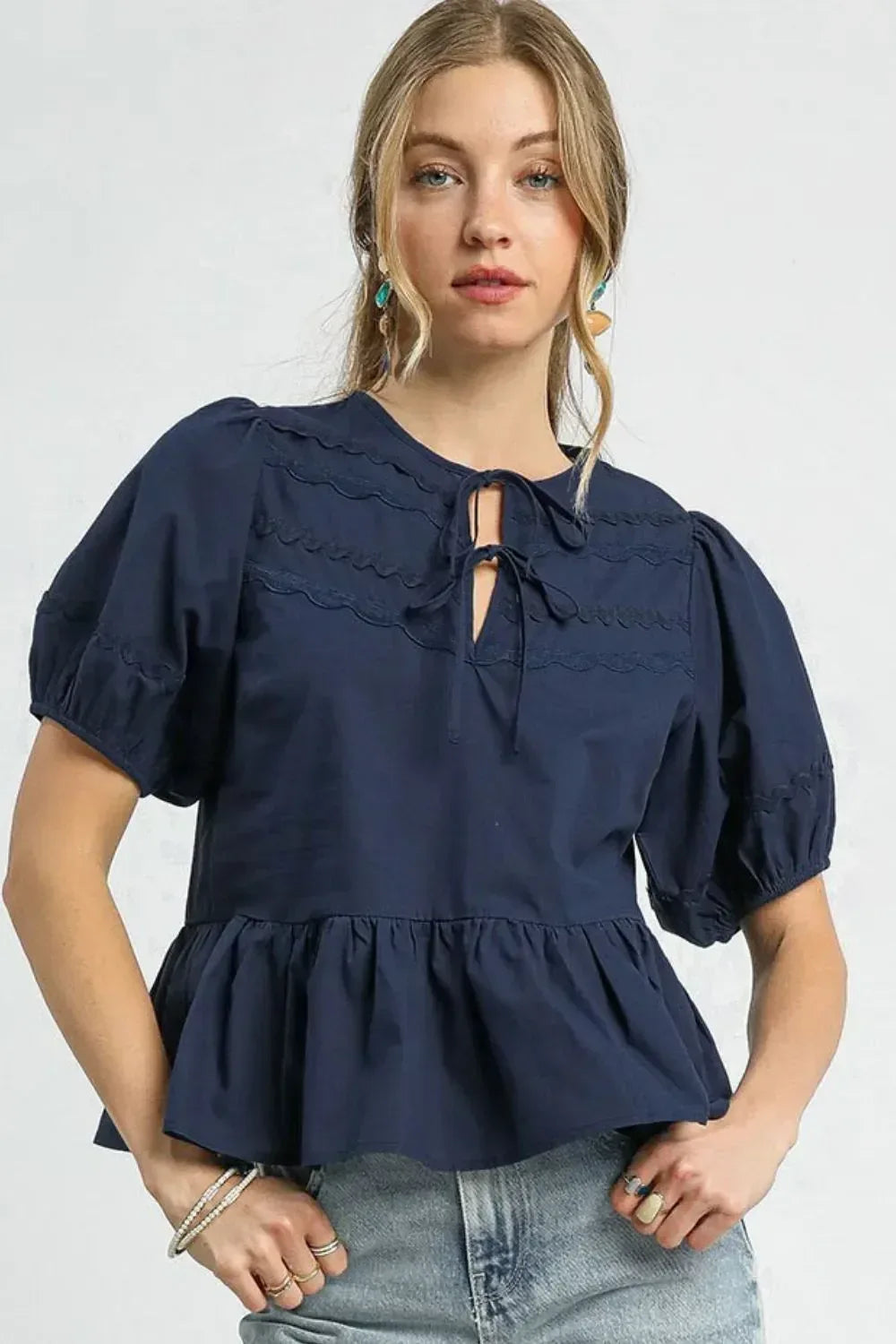 Umgee Tie Front Puff Sleeve Blouse - DAVERRI FASHIONS