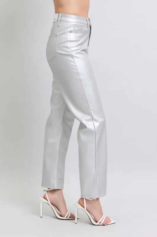 Judy Blue Full Size High Waist Silver Faux Leather Pants Plus Size Pants