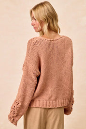 BiBi Chunky Knit Sweater with Flower Detail Sleeves | Sweaters Daverri Fashions