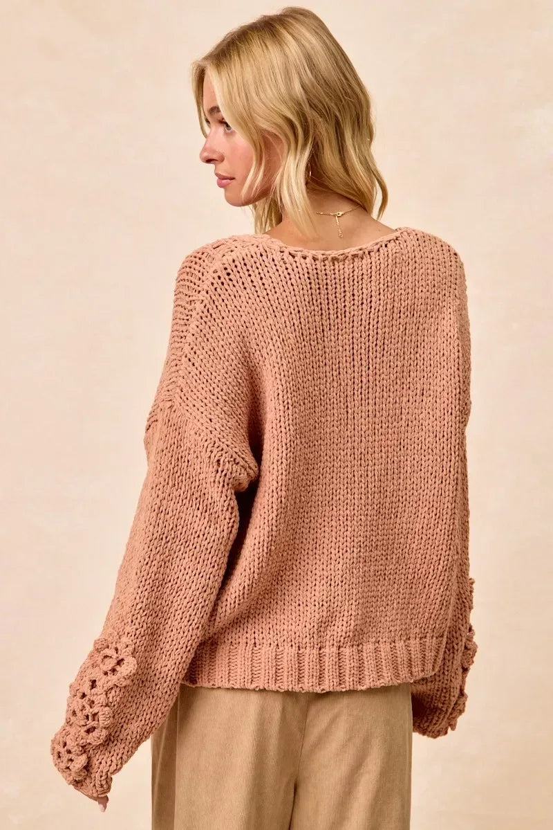 BiBi Chunky Knit Sweater with Flower Detail Sleeves - DAVERRI FASHIONS