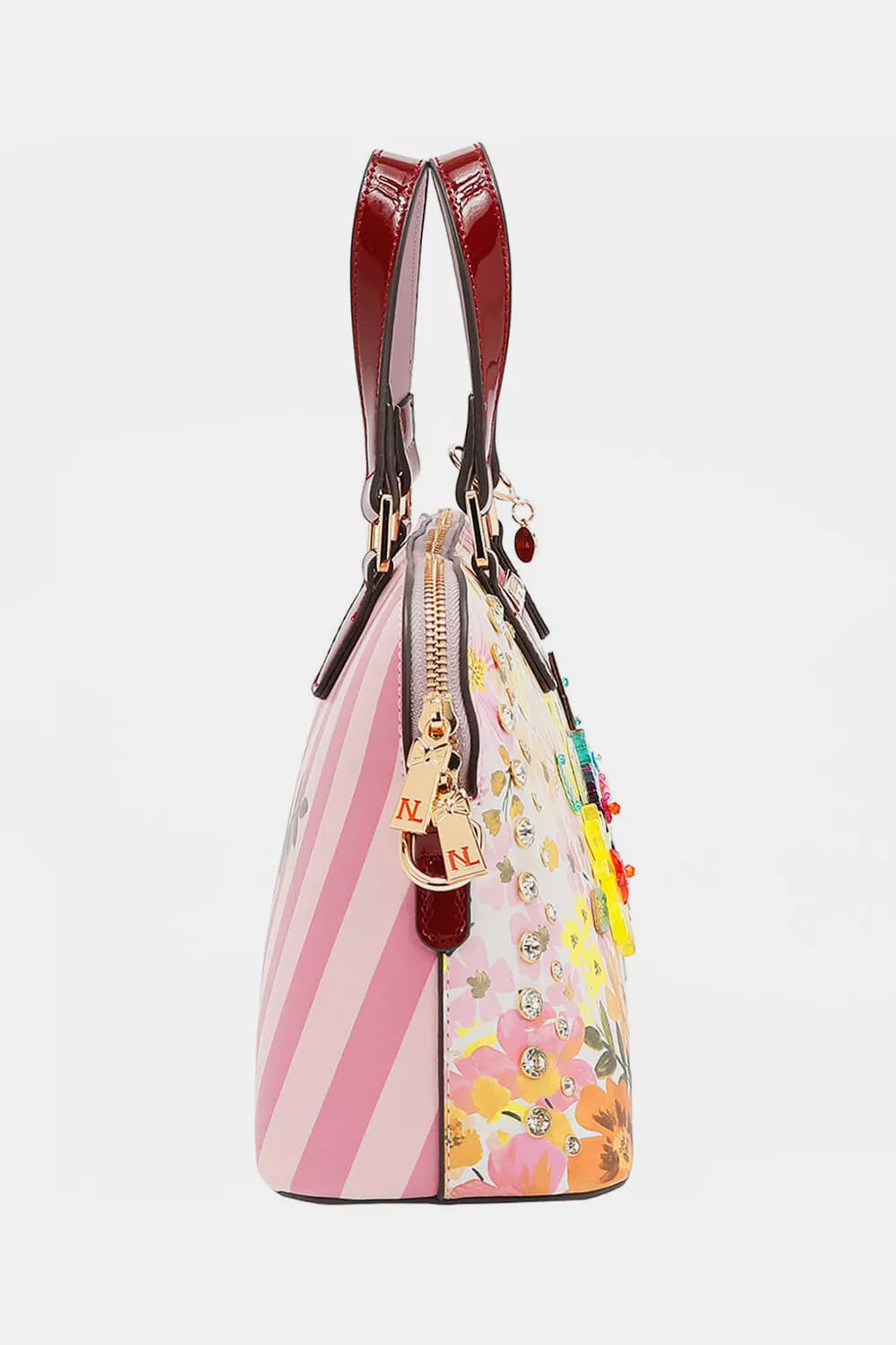 Nicole Lee Dreams Blossom dome handbag with pink stripes, floral pattern, rhinestones and tassels