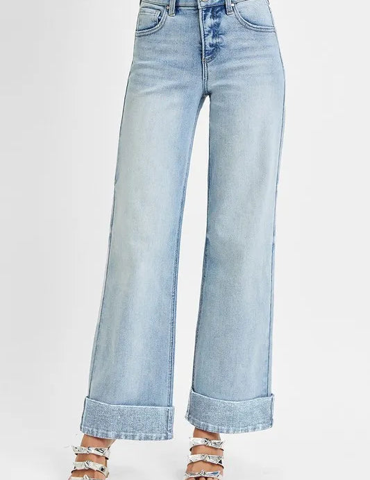 RISEN Full Size Tummy Control High Rise Ankle Wide Cuffed Jeans Plus Size | Daverri Fashions