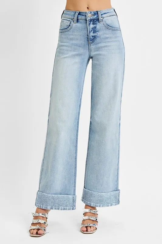 RISEN Full Size Tummy Control High Rise Ankle Wide Cuffed Jeans Plus Size