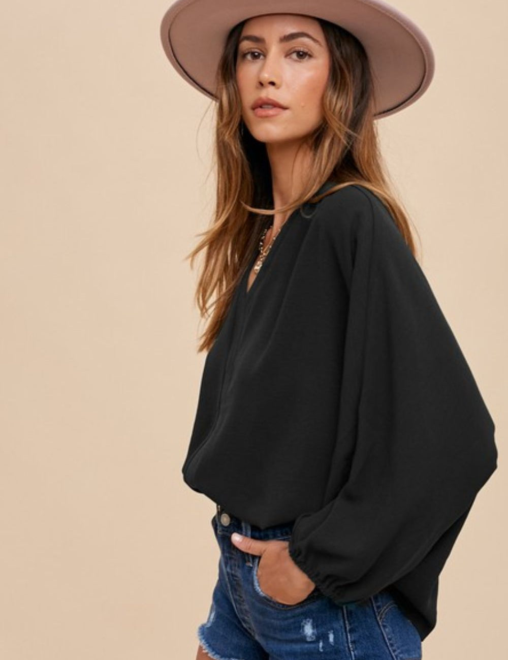 Annie Wear Notched Batwing Sleeve Blouse Black Blouses