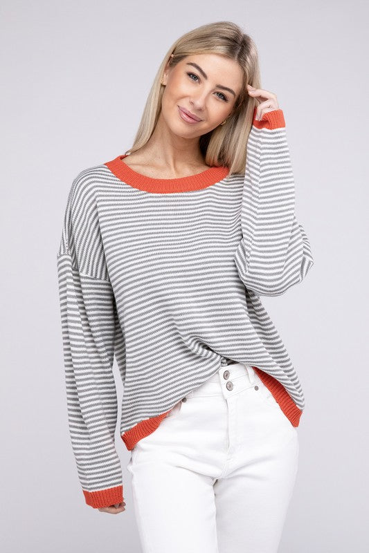 Loose Fit Striped Pullover Knit Top Grey Stripe Tops