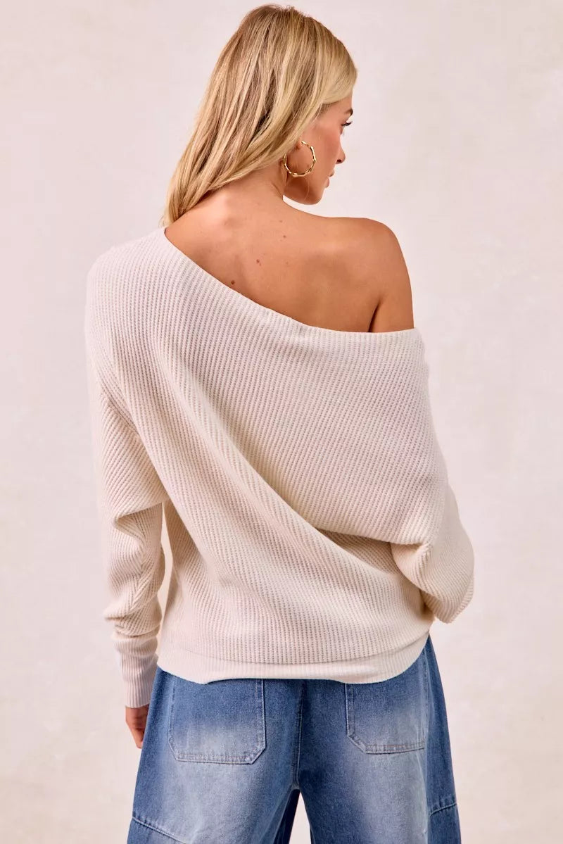 BiBi Waffle Knit Off-Shoulder Cream Ribbed Sweater Top