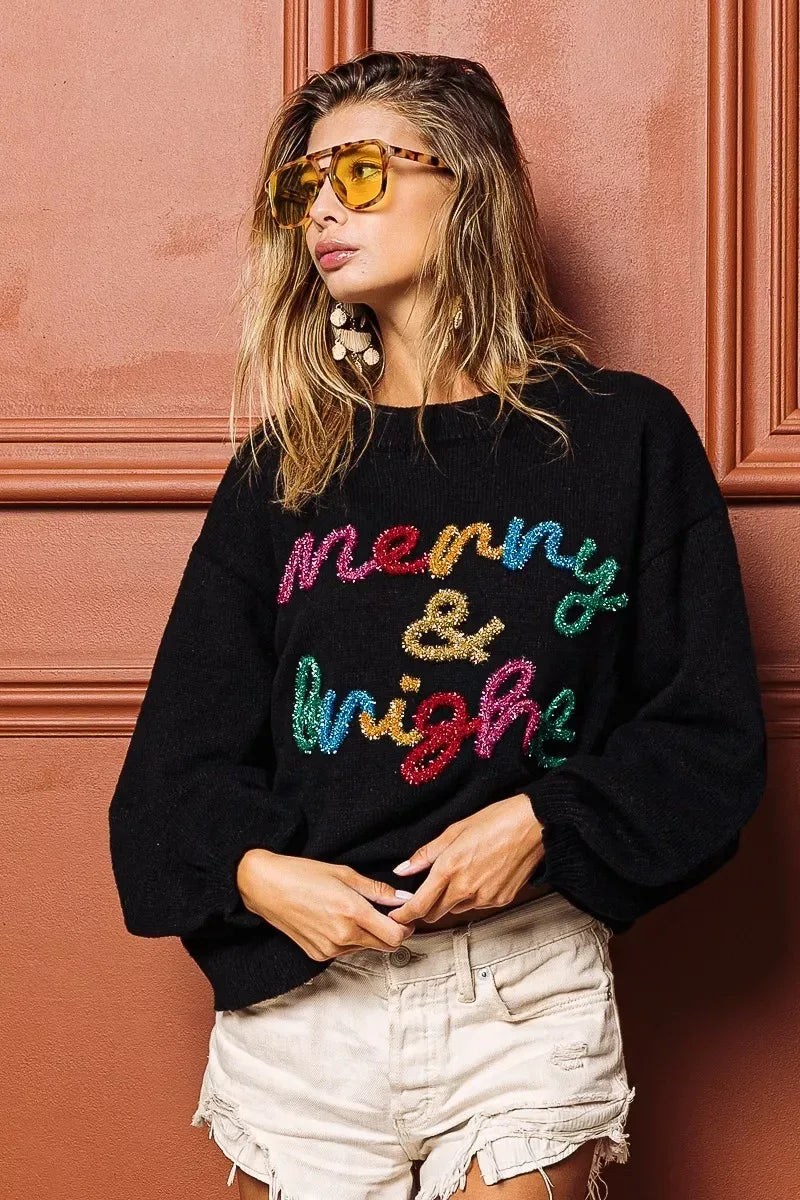 BiBi Tinsel Lettering Christmas Sweater - DAVERRI FASHIONS