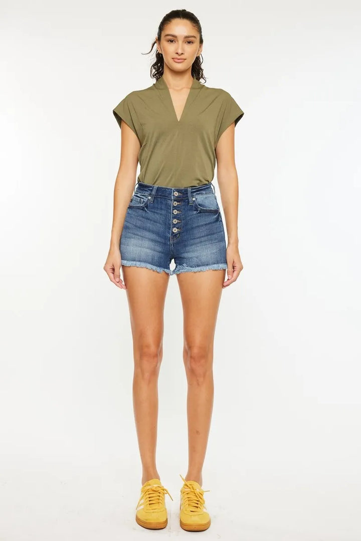 Kancan High Rise Frayed Hem Denim Shorts Denim Shorts