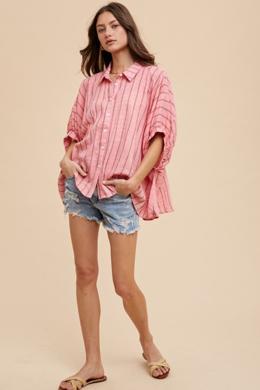 Annie Wear Striped Button Up Half Sleeve Shirt Tops