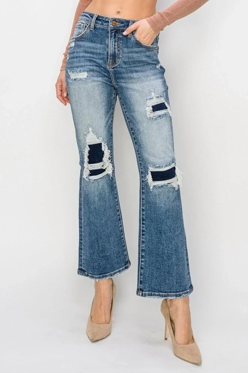 Risen Full Size High Rise Distressed Ankle Flare Jeans - DAVERRI FASHIONS