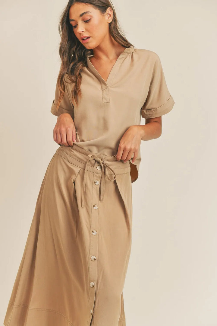 MABLE Short Sleeve Top and Button Down Midi Skirt Set Skirt Sets