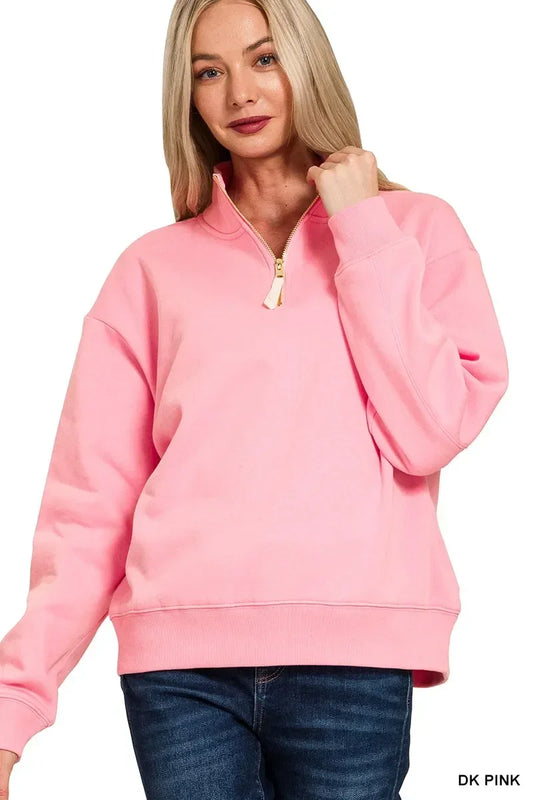 Zenana Fleece Half Zip Sweatshirt Dark Pink - DAVERRI FASHIONS