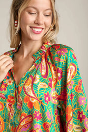 Umgee Satin Paisley Ruffle Neck Button-Up Shirt | Blouses Daverri Fashions