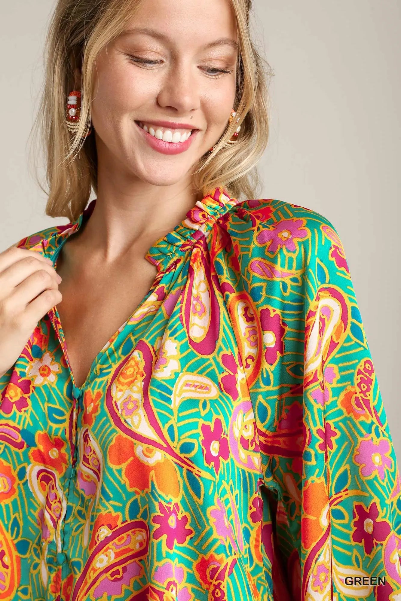 Umgee Satin Paisley Ruffle Neck Button-Up Shirt Blouses