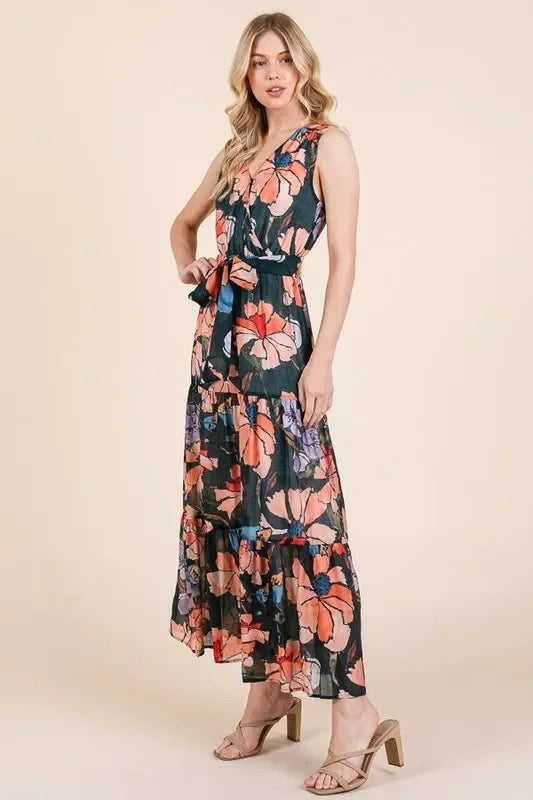 Lime 'N' Chili Floral Print Sleeveless Tie Waist Maxi Dress - DAVERRI FASHIONS