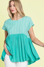 Lime 'N' Chili Full Size Embroidered Short Sleeve Pleated Babydoll Top Plus Size | Tops Daverri Fashions