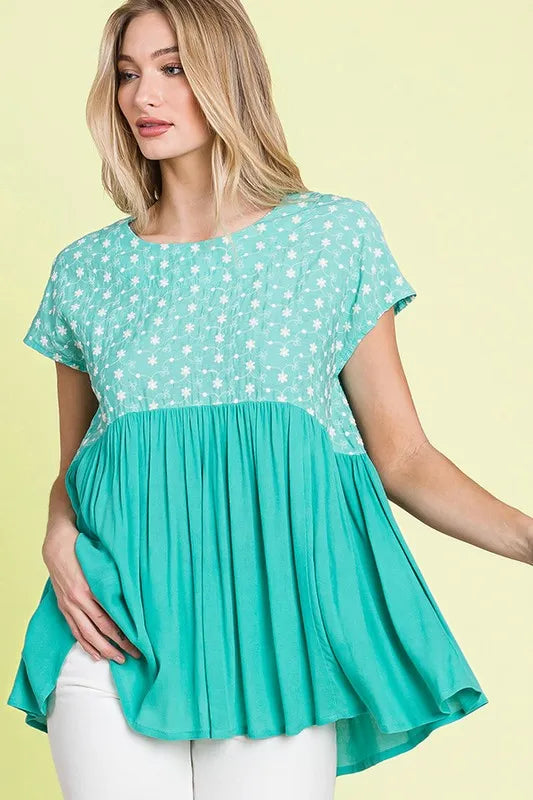 Lime 'N' Chili Full Size Embroidered Short Sleeve Pleated Babydoll Top Plus Size | Tops Daverri Fashions