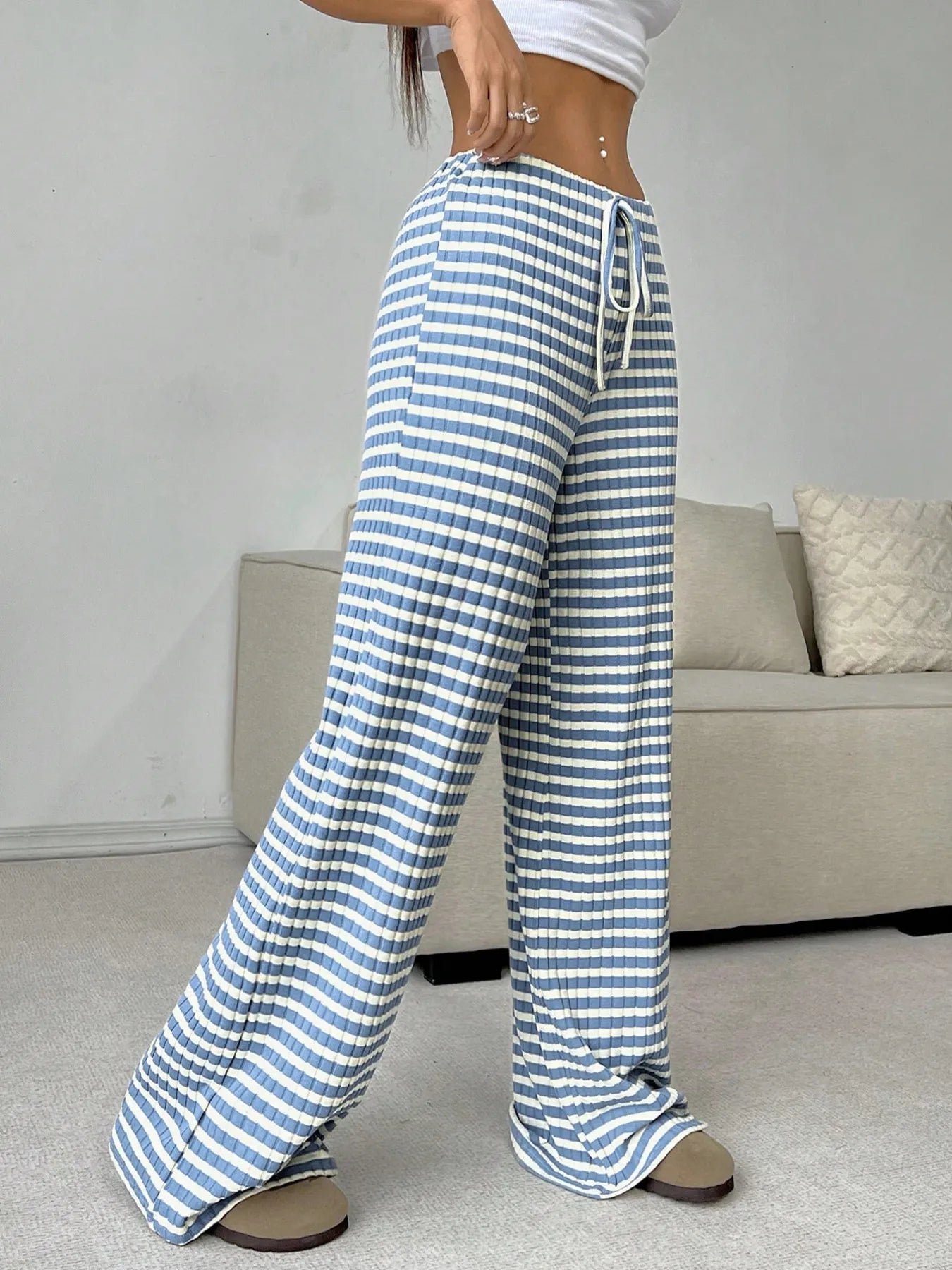 Striped Wide Leg Drawstring Pants | Loungewear Pants Daverri Fashions