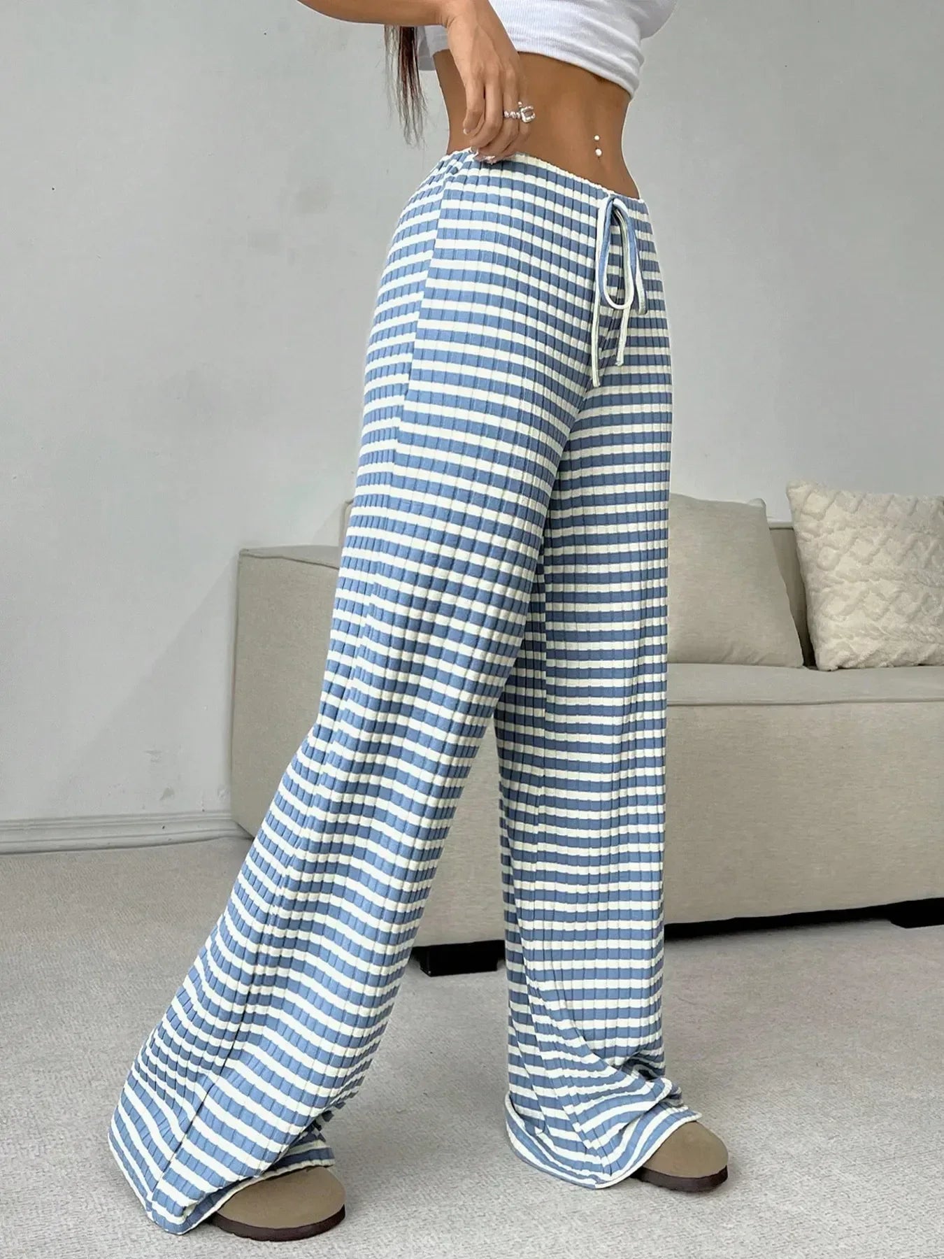 Striped Wide Leg Drawstring Pants - DAVERRI FASHIONS
