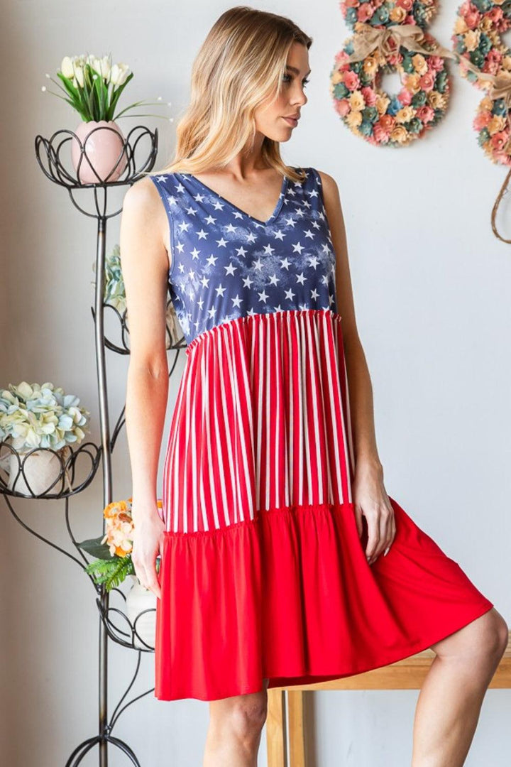 Heimish Full Size US Flag Theme Contrast Tank Dress Midi Dresses