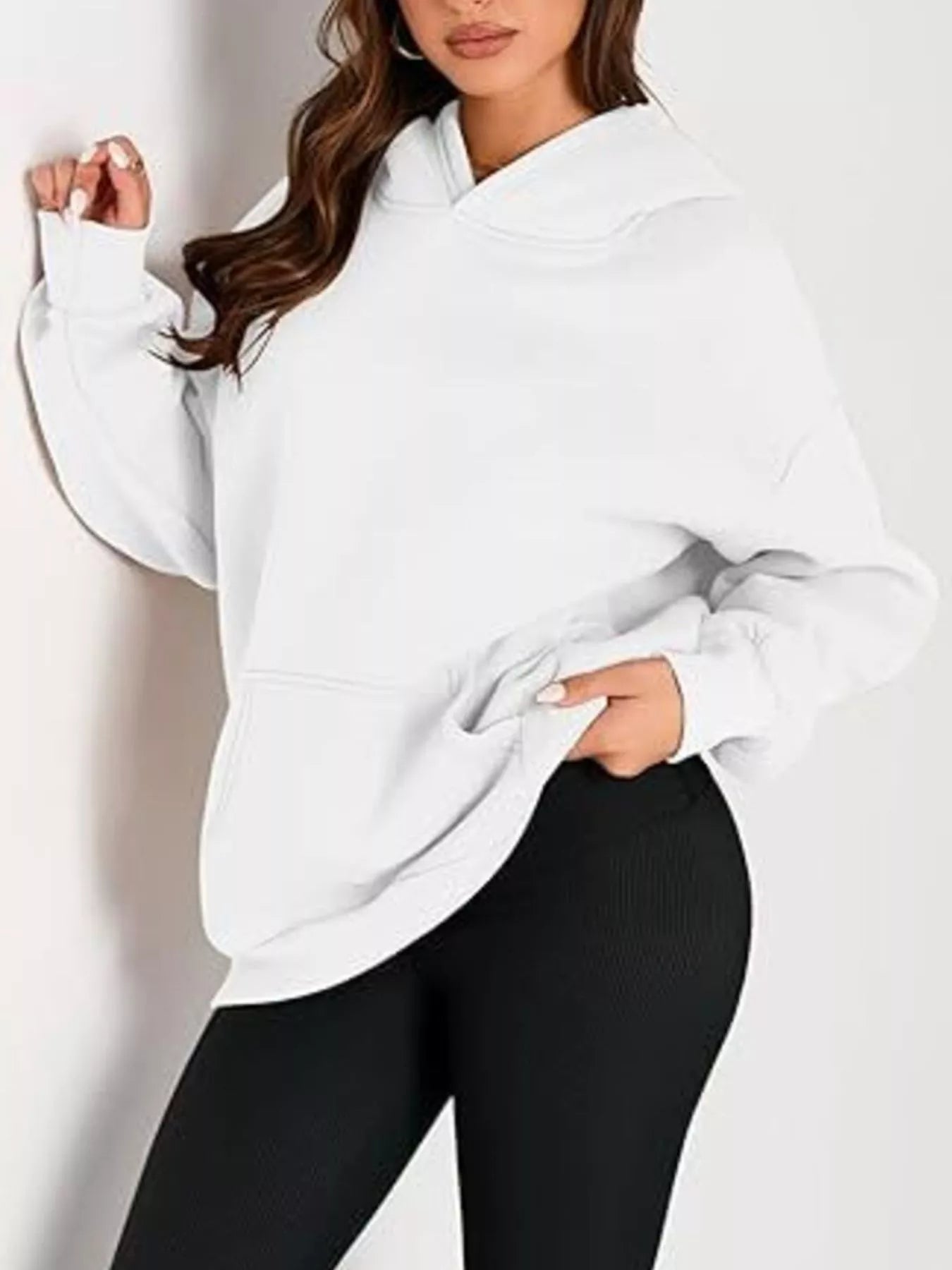White oversized kangaroo pocket long sleeve hoodie