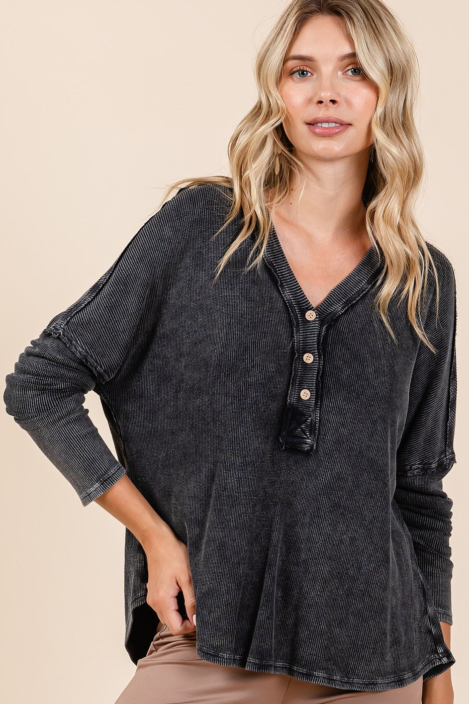 Mittoshop Washed V-Neck Long Sleeve Blouse Charcoal