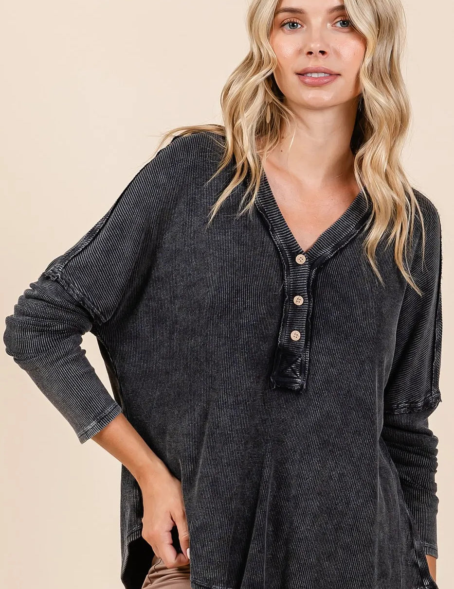 Charcoal Mittoshop Washed V-Neck Long Sleeve Blouse | Daverri Fashions