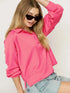 Umgee Exposed Seam Long Sleeve Polo Top with Side Slit BUBBLEGUM Tops