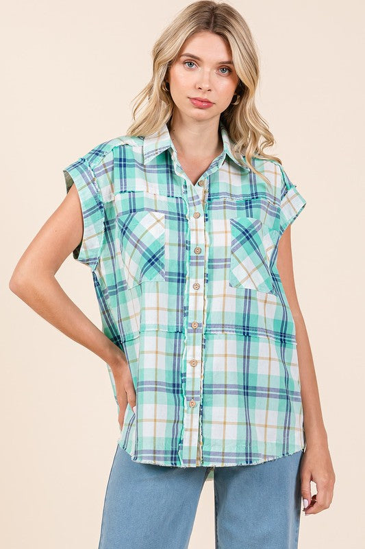 Mittoshop Mineral Wash Plaid Button Down Shirt Turquoise Shirts