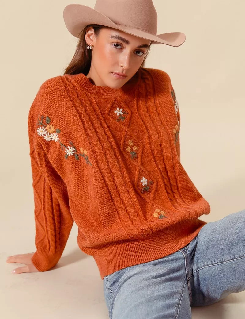 SO ME Embroidered Flower Cable Knitted Sweater | Sweaters Daverri Fashions
