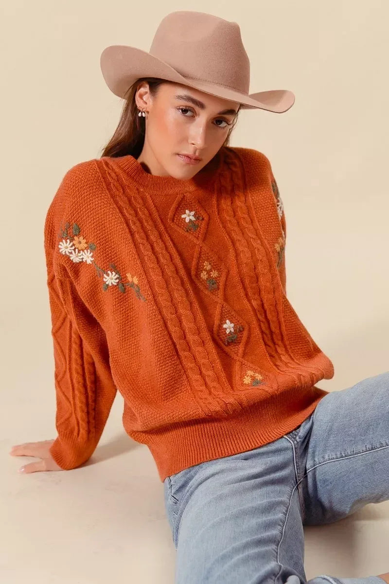 SO ME Embroidered Flower Cable Knitted Sweater - DAVERRI FASHIONS