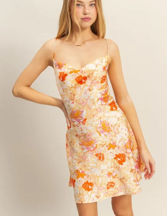 ORANGE L HYFVE Floral Cowl Neck Flirty Satin Mini Dress | Daverri Fashions
