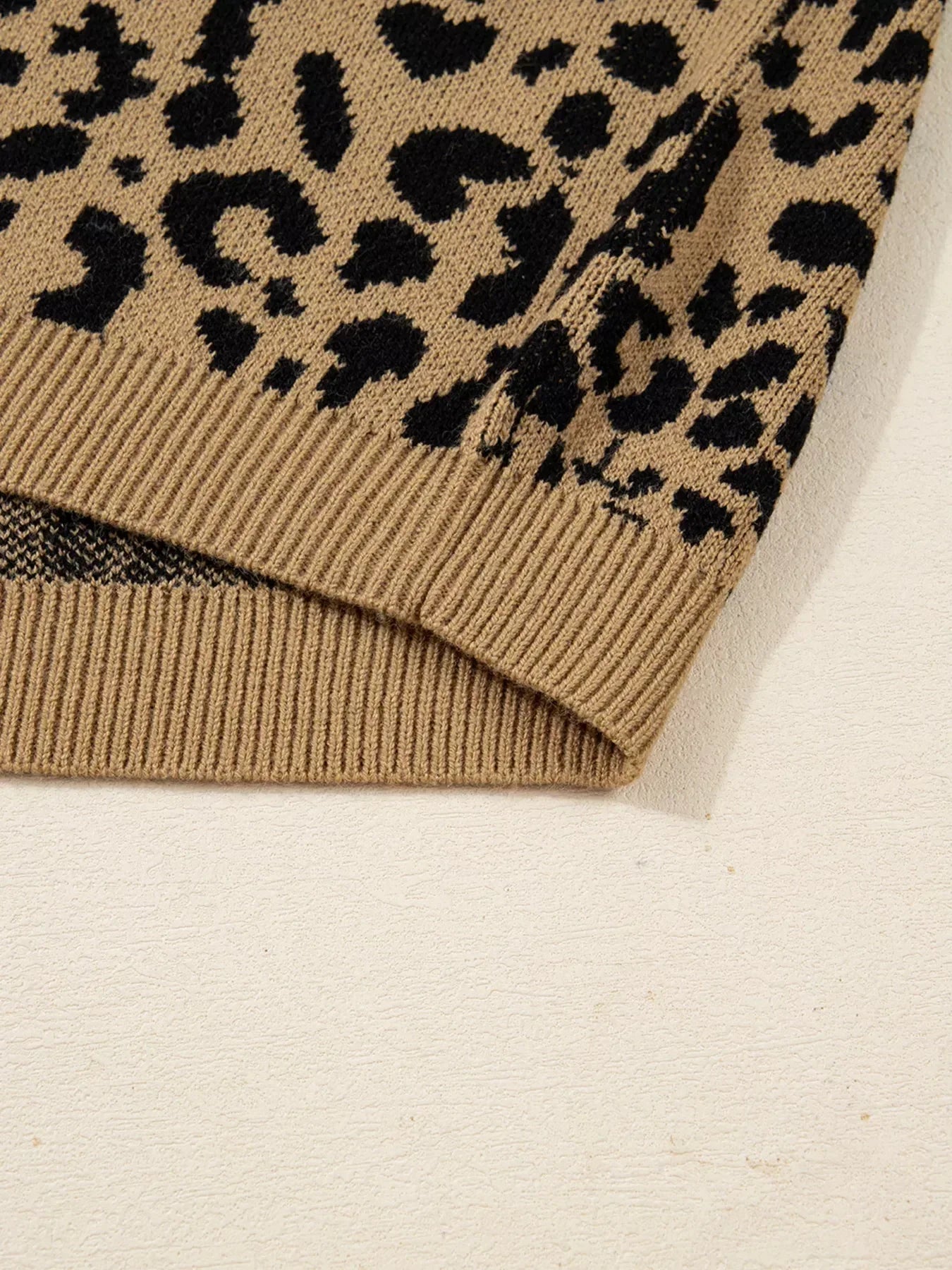 Ribbed Trim Round Neck Leopard Drop Shoulder Sweater - DAVERRI FASHIONS