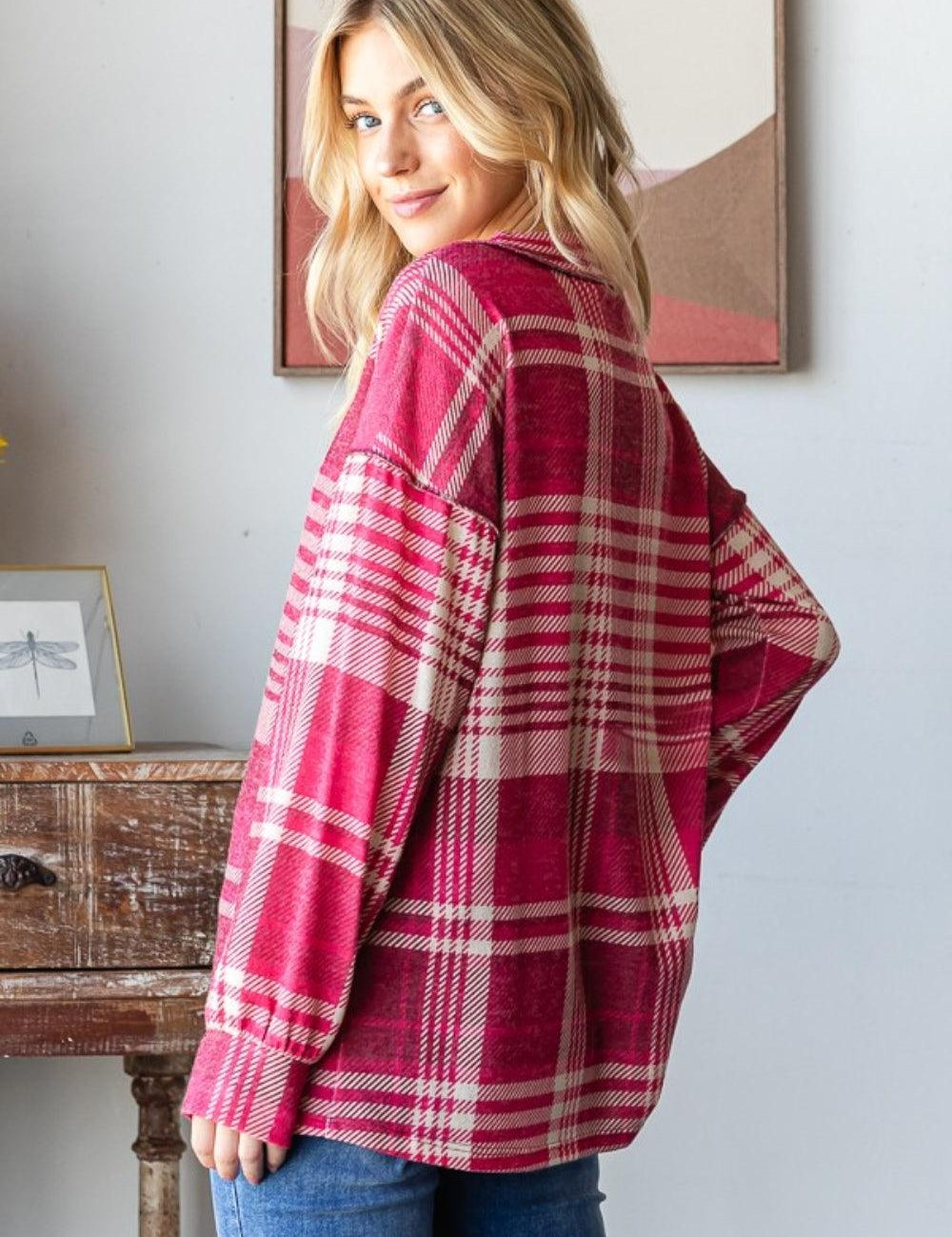 Heimish Plaid Drop Shoulder V-Neck T-Shirt | Daverri Fashions