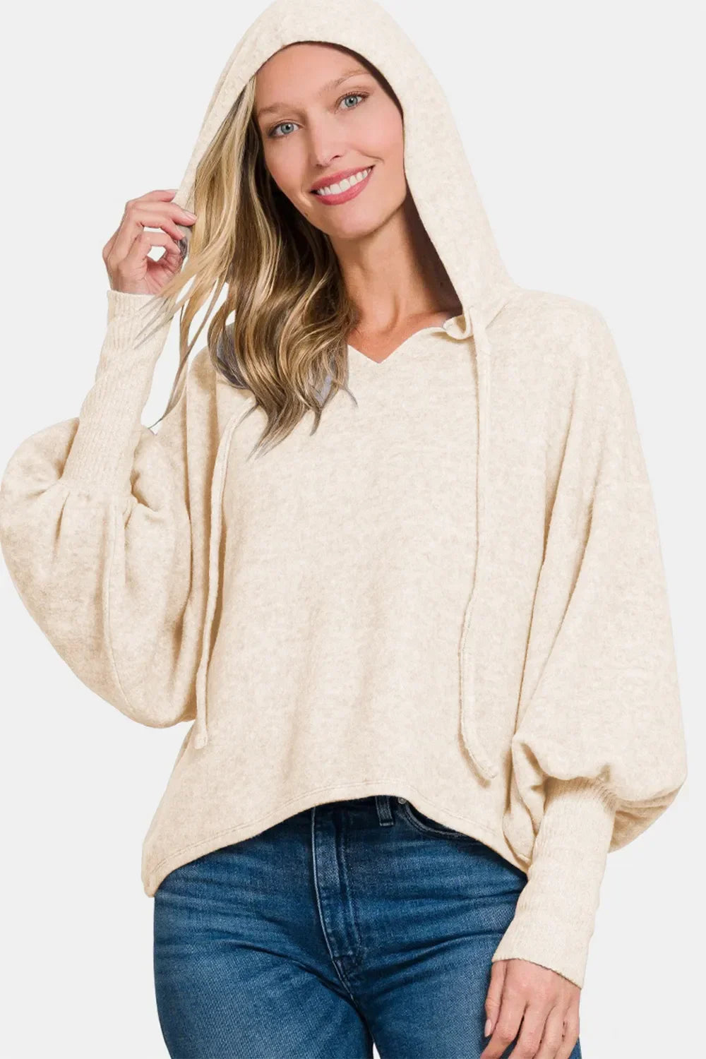Zenana Brushed Hacci Drop Shoulder Cropped Hoodie in cream cotton