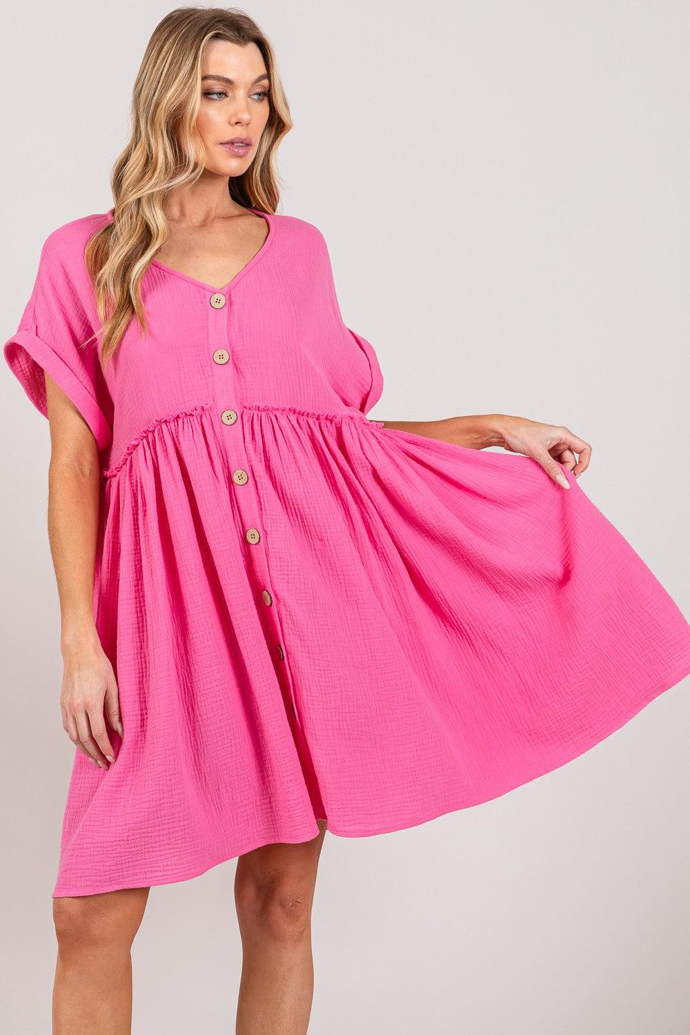 SAGE + FIG Button Up Short Sleeve Dress Pink S Mini Dresses