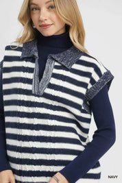 Umgee Cable Knit Collared Striped Vest Sweater | Sweaters Daverri Fashions