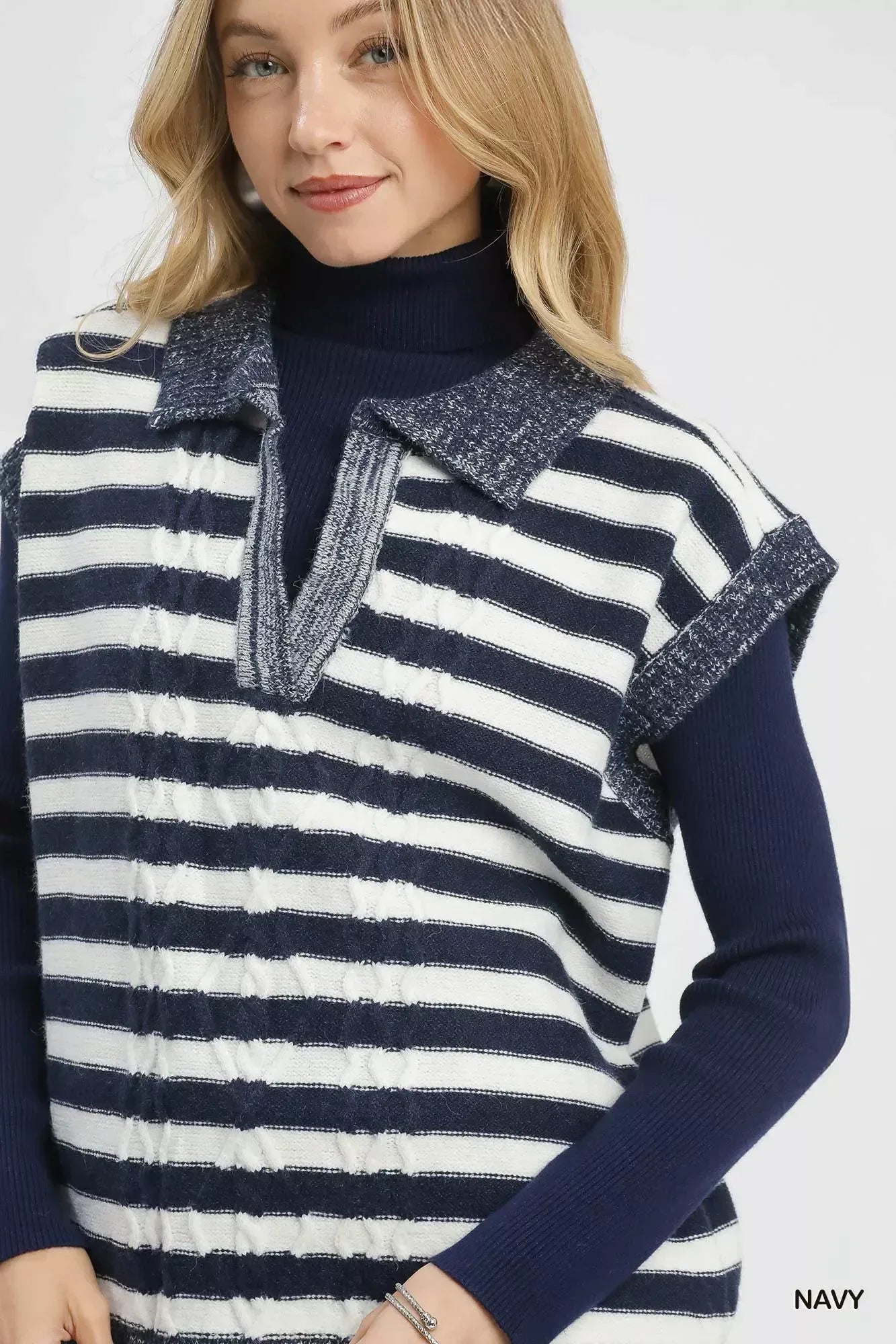Umgee Cable Knit Collared Striped Vest Sweater - DAVERRI FASHIONS