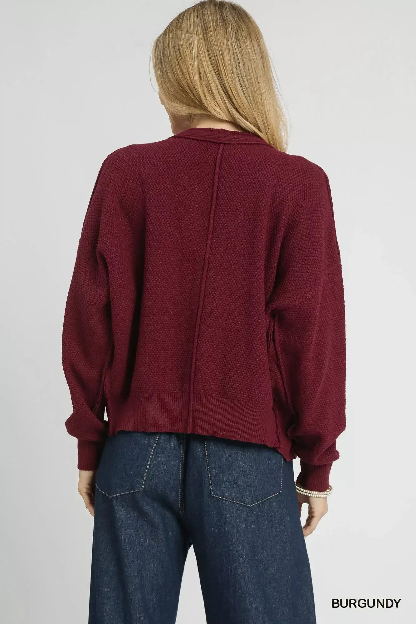 Umgee Chunky Cable Knit V-Neck Button-Up Cardigan Burgundy - DAVERRI FASHIONS