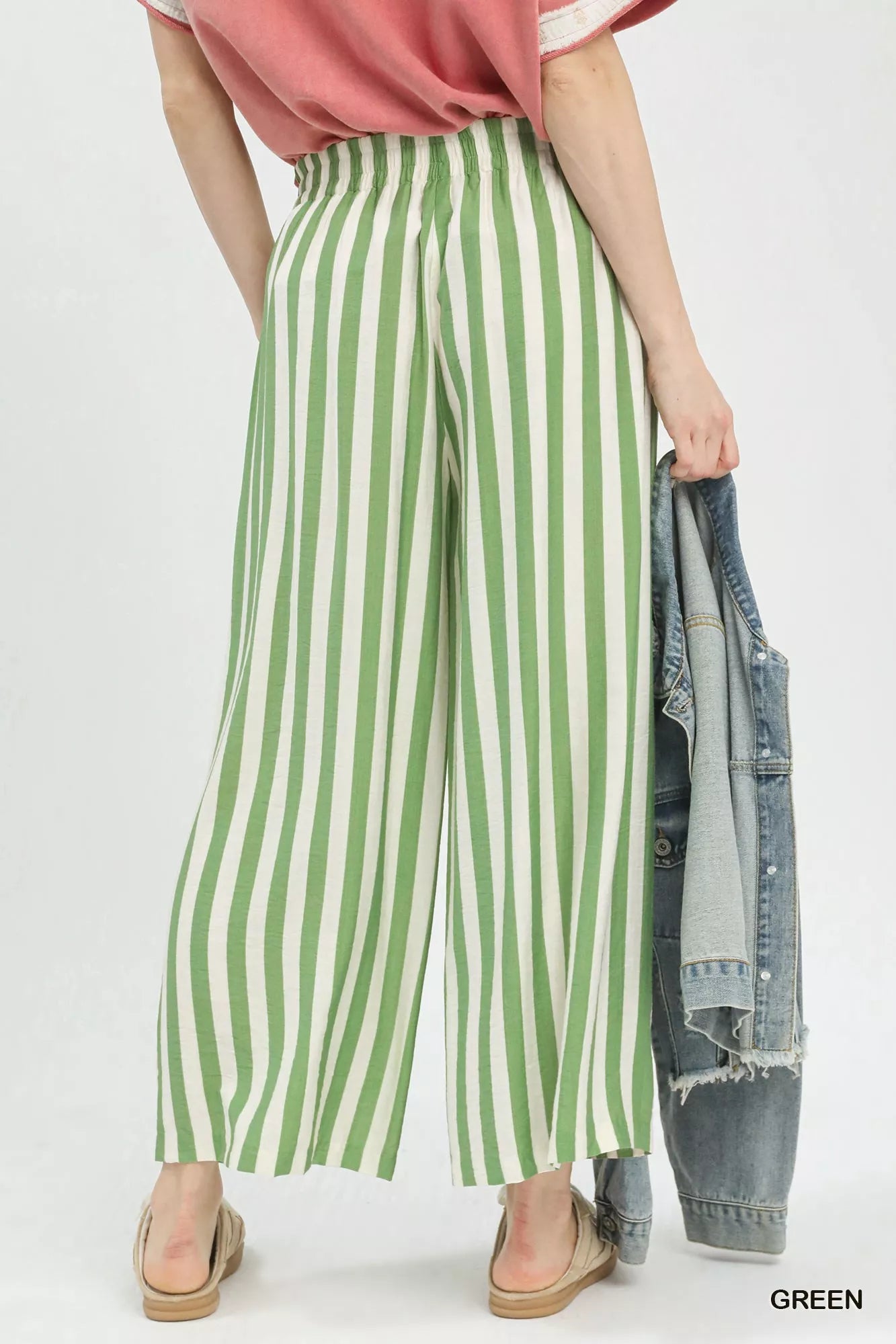 Green and white vertically striped Umgee wide-leg pants